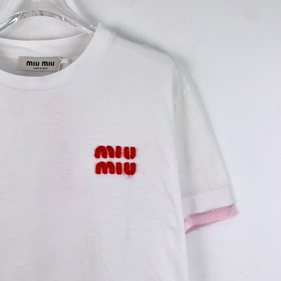 Miu Miu White Logo Embroidered Short-Sleeve T-Shirt W/ Pink Hem XS - Picture 8 of 8